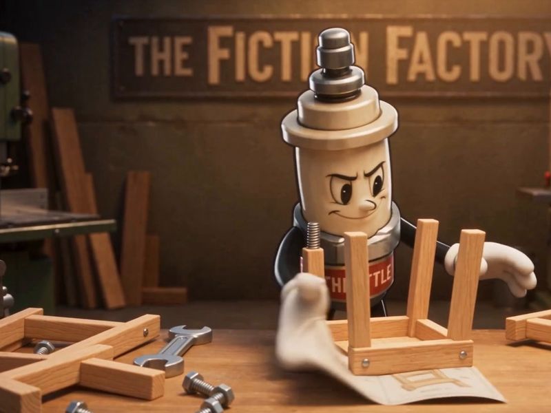 Throttle frowning with determination as he assembles a small wooden chair, wrench in hand