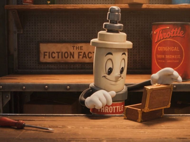 Throttle smiling as he tucks something into a small wooden box on the workbench
