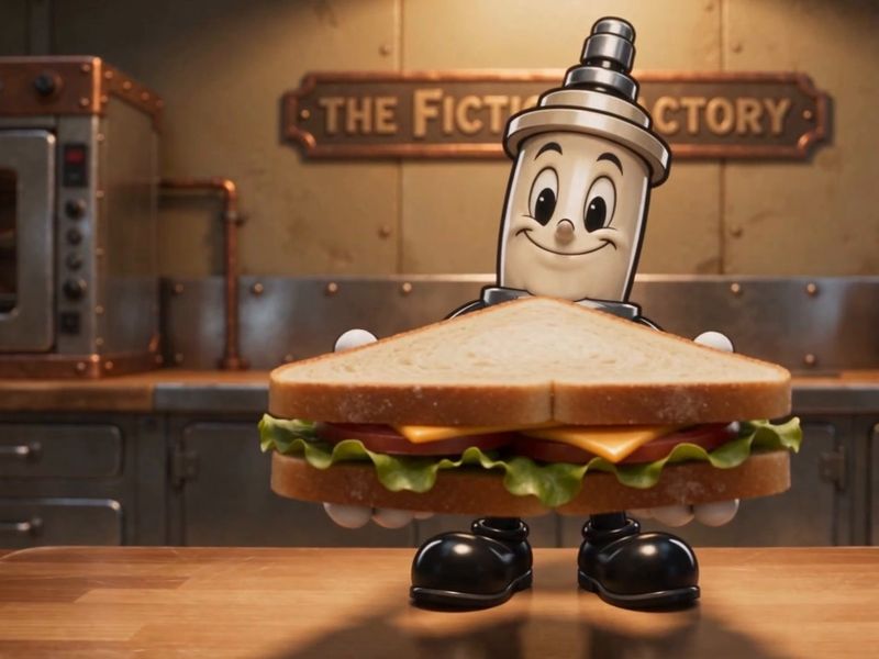 Throttle standing behind a giant sandwich so that only his head and shoes show