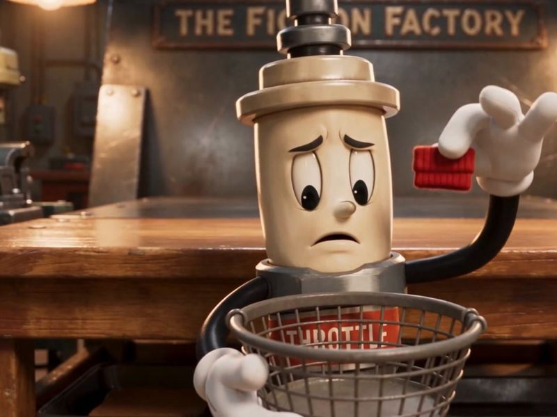 Throttle looking worried, holding up one red sock over an empty wire basket