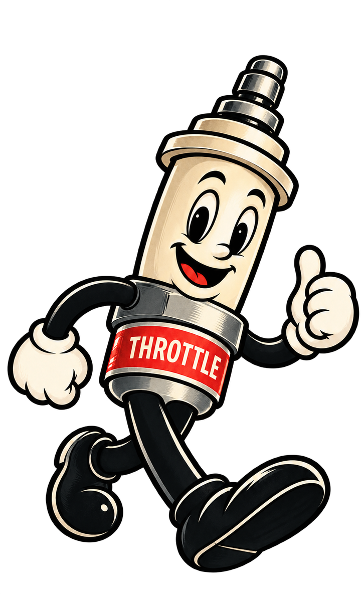 Throttle, a cartoon spark plug in white gloves and a red THROTTLE band, strolling along with a thumbs up